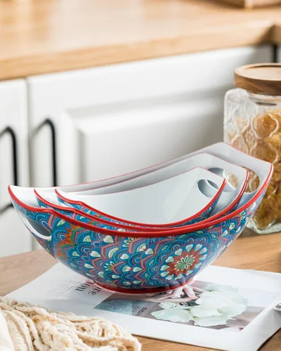 Miniatura 3 de LAUCHUH Tazones para servir con asas, platos de porcelana bohemia para entretener coloridos cuencos anidables para ensalada para cocina, fiesta