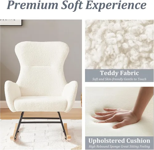 Miniatura 5 de Olela Mecedora de tela de peluche, asiento acolchado con respaldo alto y reposabrazos, silla decorativa de lana de cordero, sofá individual
