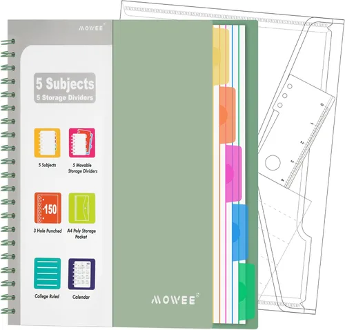 Miniatura 13 de Cuaderno de 5 materias – Cuaderno de espiral, cuaderno de rayas universitarias con bolsillo divisor, pestañas, regla de 11 pulgadas, 200 páginas
