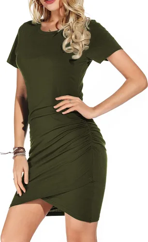 Miniatura 2 de Grecerelle Vestido corto de manga larga con cuello redondo elástico informal con detalle drapeado ajustado para mujer