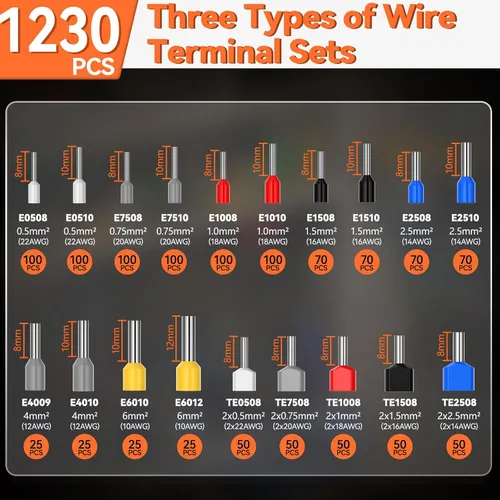 Miniatura 3 de Preciva Kit de herramientas de prensado de virola AWG23-10/0.25-6mm² con conectores de alambre de 19 tamaños, alicates de crimpado de alambre