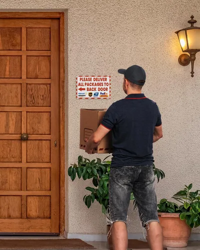 Miniatura 3 de Letrero de entregas ALKB para uso en exteriores 8x12 pulgadas con flecha a la izquierda - Por favor, entregue todos los paquetes en la puerta