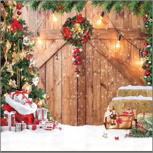Miniatura 8 de Telón de fondo de Navidad de 8 x 6 pies para fotografía de invierno, Navidad, rústico, puerta de madera, telón de fondo, árbol de Navidad, regalos