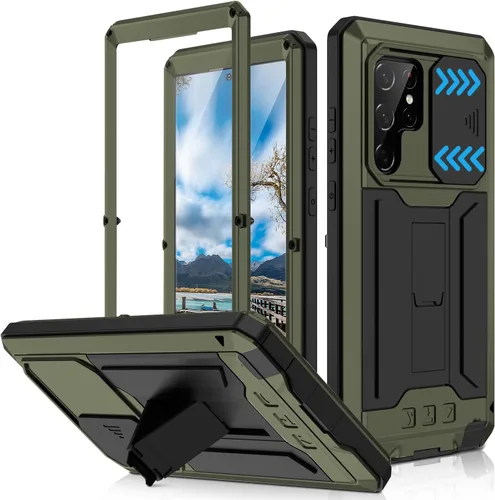 Miniatura 18 de Funda de metal compatible con Samsung Galaxy S22, resistente al polvo, de grado militar, con cubierta deslizante para cámara y soporte plegable