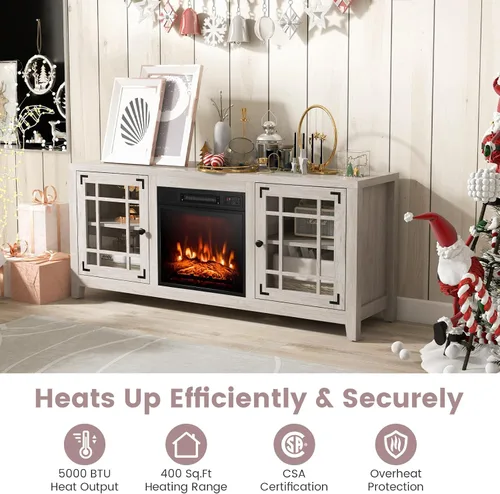 Miniatura 3 de Tangkula - Soporte para TV con chimenea para televisor de 65 pulgadas, consola de TV de 58 pulgadas con chimenea eléctrica de 1400W, estantes Natural
