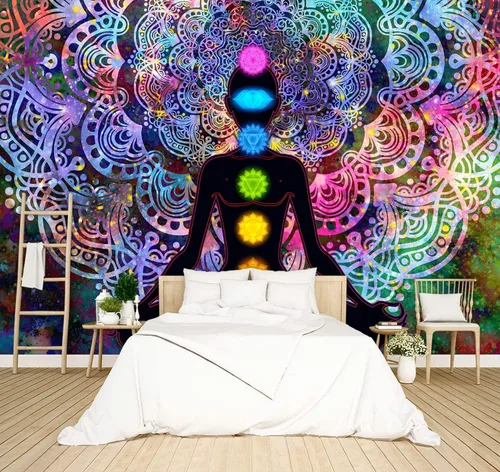 Papel tapiz bohemio de siete chakras, mandala bohemio, murales espirituales, yoga, meditación, decoración de habitación, habitación, sala de estar,