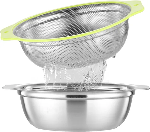 Colador de Acero Inoxidable Microporoso, Lavador de Arroz de Gran Capacidad de 5QT con Tazón Mezclador, Juego de Tazón Colador de Arroz de 12.5''