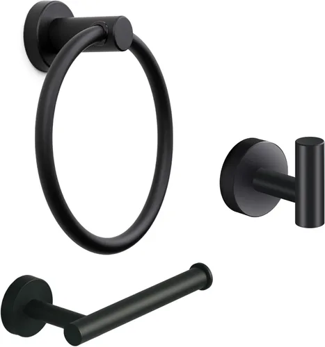 Marmolux Acc - Juego de accesorios de baño de 3 piezas con soporte para papel higiénico negro mate, anillo para toallas y gancho para toallas -