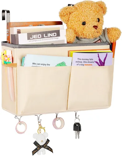 Miniatura 8 de Organizador de almacenamiento de mesita de noche, 5 bolsillos con 4 ganchos, bolsa de almacenamiento colgante para cabeceros/literas (gris)