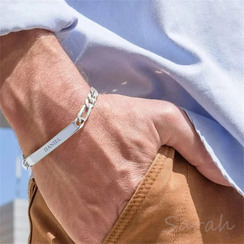 Miniatura 3 de LeCalla Personalized Customised Engraved Name Men's Figaro Chain ID Bracelet in 925 Sterling Silver Personalized Custom Birthday Christmas Fathers