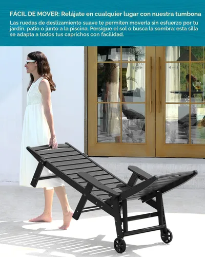 Miniatura 6 de Silla de Descanso para Exteriores, Silla de Descanso Chaise Lounge de Gran Tamaño con 5 Posiciones, HDPE, Silla de Descanso para Patio con Ruedas