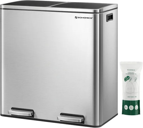 Miniatura 16 de SONGMICS Bote de basura, 2 botes de basura de 8 galones (2 x 30 L) para cocina, con 15 bolsas de basura, 2 compartimentos, cubos interiores