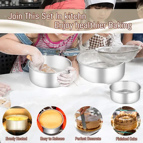 Miniatura 5 de E-far Juego de 3 moldes para pasteles (4, 6 y 8), moldes redondos de acero inoxidable profundo para bodas, cumpleaños, no tóxicos y aptos