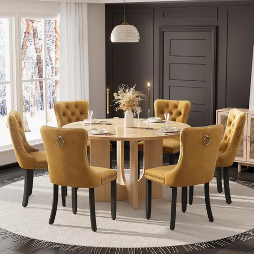 Miniatura 36 de Mesa de comedor redonda de 47 pulgadas para juego de mesa de cocina rústica de 6,7 piezas, mesa de comedor de granja, sillas negras de alta gama