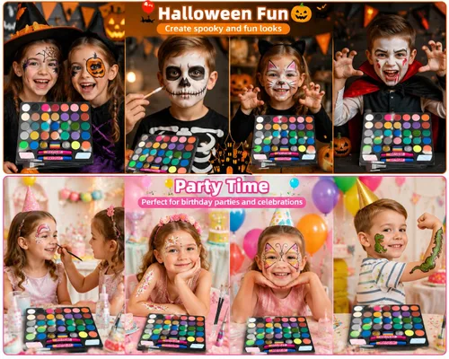 Miniatura 5 de Maydear Kit de pintura facial para niños, paleta de maquillaje a base de agua de 20 colores con plantillas, purpurina, pastel dividido de arcoíris