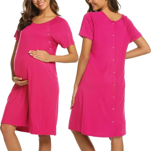 Ekouaer - Camisón con botones y manga corta para mujer, vestido para lactancia, parto, hospital y maternidad, tallas S-XXL