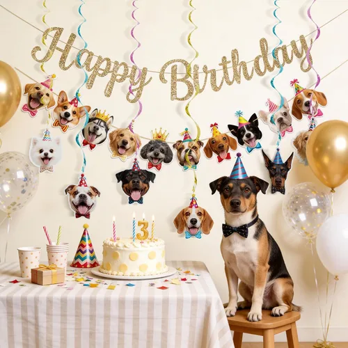 Miniatura 6 de Alynta Cartel de feliz cumpleaños con texto en inglés "Dog Happy Birthday", decoración de fiesta de cumpleaños con purpurina dorada NO DIY, cartel