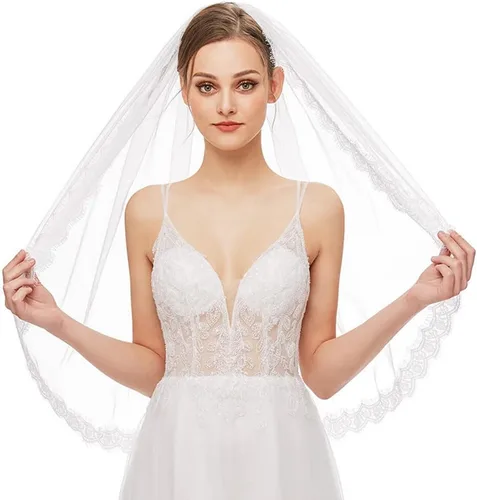 Miniatura 8 de Velo de novia de una sola capa, borde de encaje, velo de novia beige con peine de metal para boda, despedida de soltera, fiesta, 35.4 pulgadas