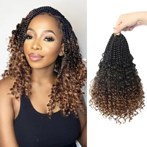 Miniatura 109 de Goddess Box Braids - Trenzas de cabello a ganchillo con extremos rizados, trenzas de caja bohemianas de 16 pulgadas, trenzas de ganchillo, 8 1B-4-30