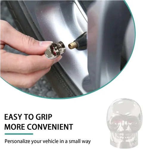Miniatura 4 de Dickno 5 tapas de vástago de válvula de neumático estilo calavera con anillo de goma, cubiertas de tapones de aire para coche de ojos rojos, tapas