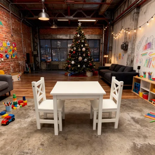 Miniatura 4 de PETIT BATEAU Juego de mesa y 2 sillas de madera maciza para niños, diseño irlandés Montessori Modern AMMEHOELA para niños de 2 a 8 años, blanco