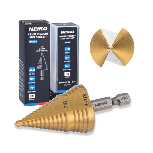 Miniatura 26 de NEIKO 10602B Step Drill Bit, 13 Steps 1/8" to 1/2" Spiral M35 Cobalt, AlTiSiN Coated, 1/4" Quick Change Step Bits for Steel, Metal, Wood, Plastic