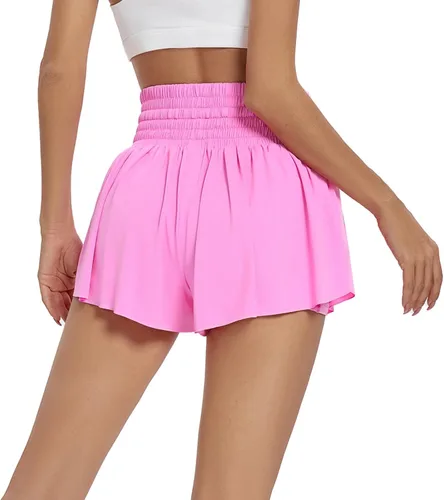 Miniatura 3 de Blaosn Pantalones cortos deportivos fluidos para mujer, entrenamiento, correr, gimnasio, yoga, cintura alta con bolsillos, pantalones cortos