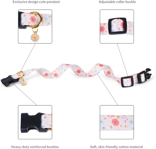 Miniatura 4 de Collar de perro de algodón hecho a mano para perros pequeños, medianos y grandes, margarita beige con colgante, lindos collares de perro (L)