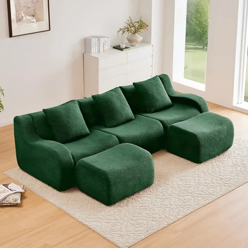 Miniatura 37 de Otomana de tela de peluche negra, moderno reposapiés modular sin hueso en una caja para sala de estar, cómodo diseño de asiento profundo,