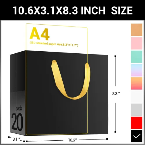 Miniatura 2 de EUSOAR Bolsas de compras pequeñas negras con asas doradas, paquete de 20 bolsas de regalo de 10.6 x 3.1 x 8.3 pulgadas con asas a granel, bolsas