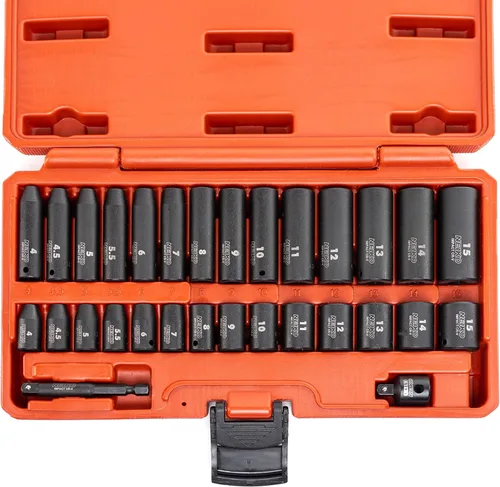 NEIKO 02481A Juego de llaves de impacto de 1/4", 30 piezas, tamaños métricos de 4 a 0.591 in, enchufes profundos y poco profundos, acero al cromo