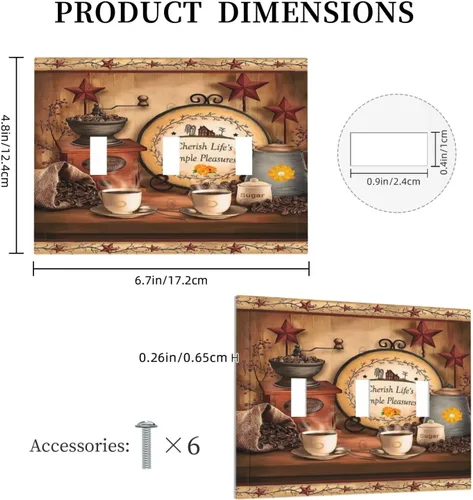 Miniatura 5 de Farmhouse Coffee Primitive Coffee Bean Kitchen 3 Gang Triple Interruptor de Luz de Palanca Cubierta de Placa de Pared Placa Frontal Eléctrica Café