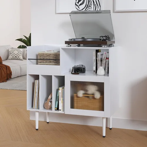 Miniatura 9 de HedoAjim Soporte grande para tocadiscos con almacenamiento de vinilo, soporte para tocadiscos con puerta acrílica, mesa auxiliar para tocadiscos