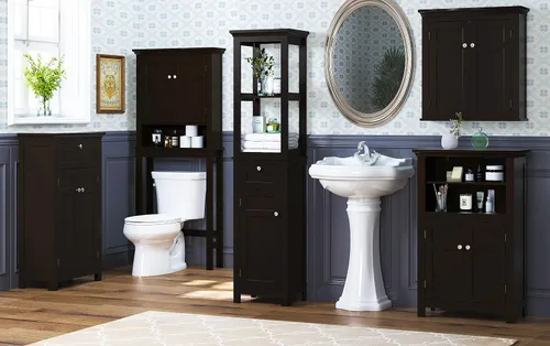 Miniatura 6 de Spirich Gabinete de almacenamiento delgado para baño, armario alto y estrecho con puerta y estantes, torre de lino independiente (espresso)