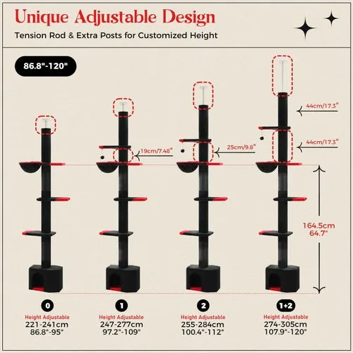 Miniatura 2 de PAWZ Road Árbol Gótico para Gatos, Torre para Gatos de Piso a Techo con Altura Ajustable (86.8-120 Pulgadas), Condominio Negro de 5 Niveles