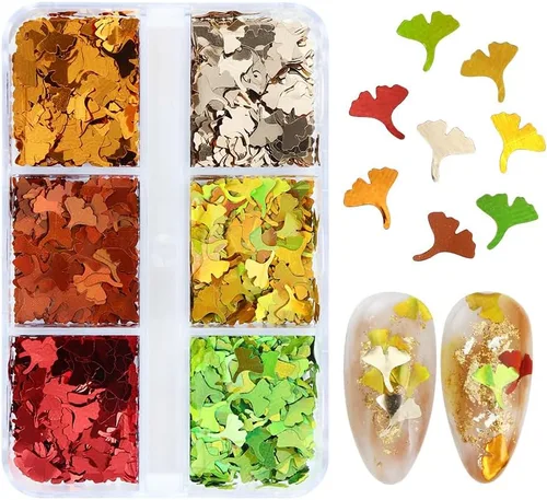 Miniatura 7 de Juego de manicura con diseño de hojas de arce, con purpurina, holográfica, para otoño, con lentejuelas, para otoño, Acción de Gracias, decoración