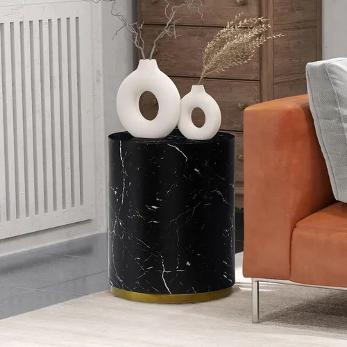 Miniatura 3 de Mesa auxiliar negra para sala de estar, grano de mármol sintético, negro y dorado (diámetro de 15.7 x 19.6 pulgadas)