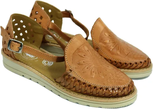 Miniatura 7 de Macarena Collection Sandalias Huarache para mujer sandalias de cuero colorido estilo mexicano color tostado girasol troquelado 040 Beige Bronceado