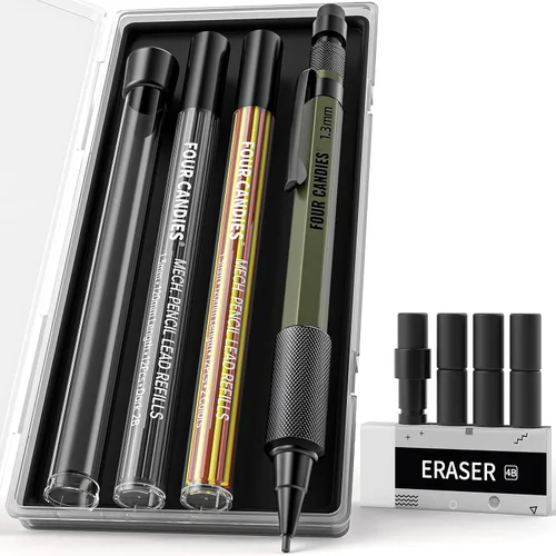 Miniatura 12 de Four Candies Juego de lápices mecánicos de 1.3mm con 24 repuestos de plomo, lápiz de carpintero de metal resistente a la intemperie para uso pesado
