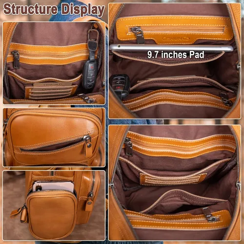 Miniatura 4 de CENUNCO Bolso bandolera de cuero genuino para hombre, mochila cruzada, casual, senderismo, motocicleta, bolsa de pecho antirrobo, bolso de viaje