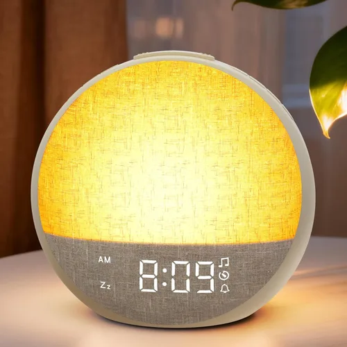 Reloj despertador de amanecer, máquina de sonido de ruido blanco con 30 sonidos relajantes, luz nocturna regulable, lámpara de luz solar natural,
