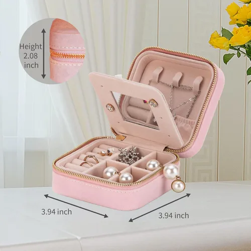 Miniatura 2 de Smileshe Joyero de terciopelo para mujeres y niñas, pequeño organizador de viaje con espejo, mini estuche de regalo portátil, cajas