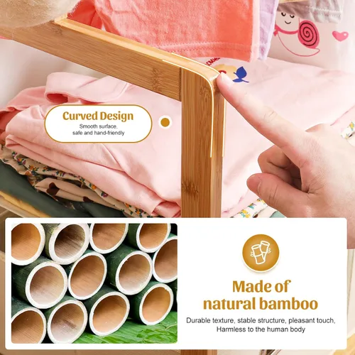 Miniatura 6 de Perchero de bambú para niños con 2 cestas de almacenamiento y 2 varillas ajustables para colgar, soporte para ropa infantil con estante, estantes