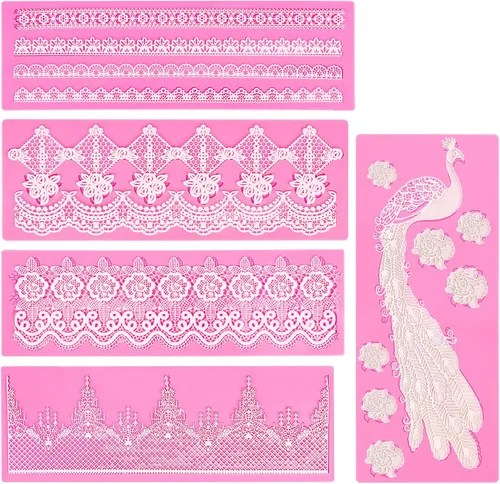 Miniatura 11 de Beasea Molde de encaje de silicona, 5 moldes de fondant de encaje para decoración de tartas, moldes de alfombrilla de patrón de flores, herramientas