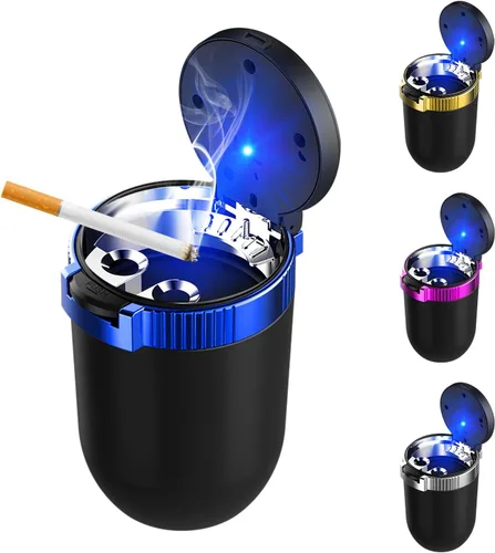 Ohleats Cenicero de coche con tapa, cenicero desmontable de acero inoxidable con luz LED azul, cenicero portátil mini para vehículo, portavasos,