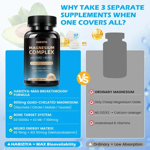 Miniatura 6 de Paquete de 2 suplementos de complejo de magnesio de 600 mg con cápsulas de alta absorción con vitaminas D3 K2 MK7 y B con glicinato, citrato