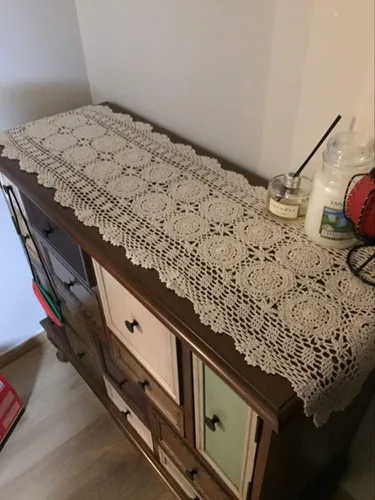 Miniatura 5 de Camino de mesa de encaje de ganchillo hecho a mano, de algodón, ovalado, tapete, tocador, bufanda, decoración, 15 x 27 pulgadas, beige