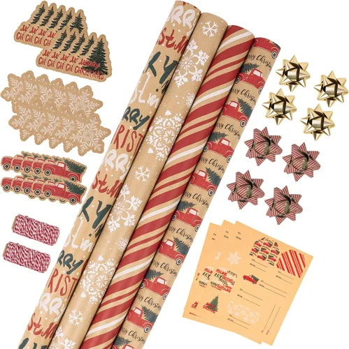 Miniatura 10 de RUSPEPA - Papel para envolver regalos de Navidad, papel kraft café con impresión de elementos navideños negros - 4 rollos de 30 pulgadas x 10 pies