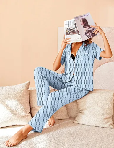 Miniatura 3 de Avidlove - Conjunto de pijama para mujer, ropa de dormir suave con solapa de muesca, manga corta, botones y pantalones largos