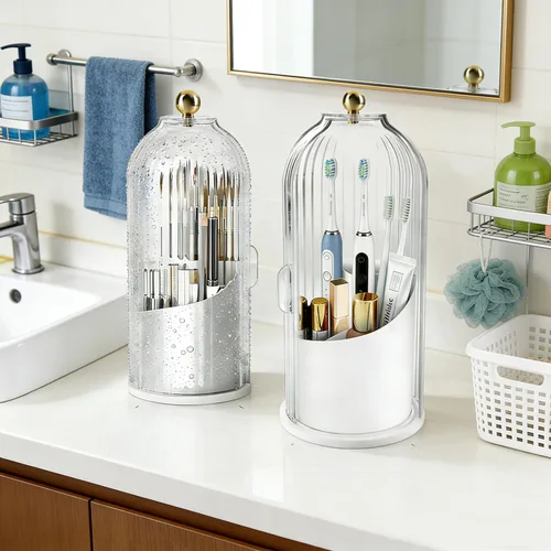 Miniatura 4 de Organizador de cepillos de dientes de baño, organizador de almacenamiento de cepillos de dientes giratorio de 360° con cubierta a prueba de polvo